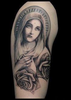 Grey Ink Saint Mary With Roses Tattoo Design For Half Sleeve
