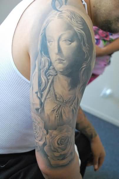 Grey Ink Saint Mary With Roses Tattoo On Man Right Half Sleeve