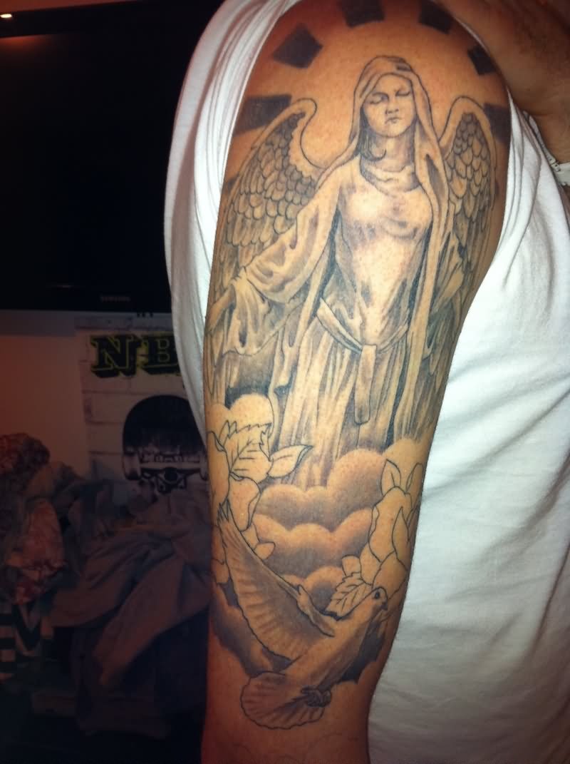 Grey Ink Saint Mary With Wings Tattoo On Right Half Sleeve
