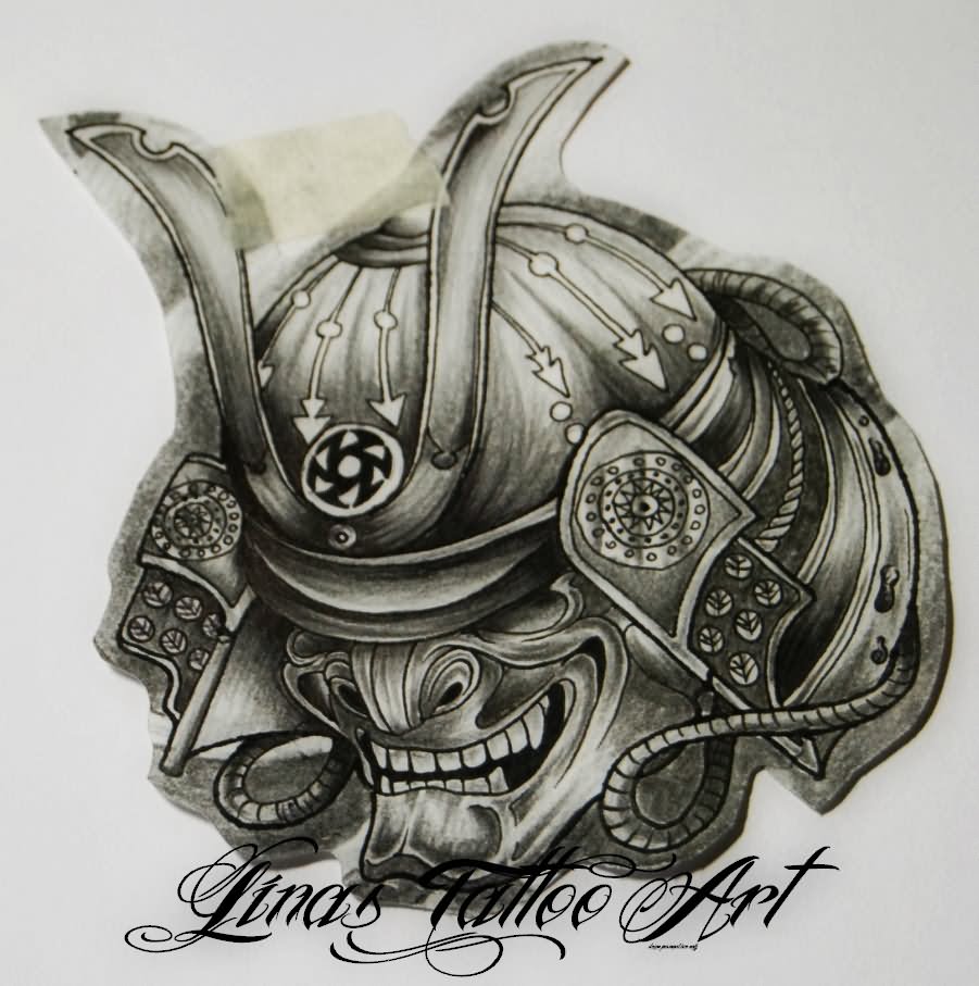 Grey Ink Samurai Helmet Tattoo Design