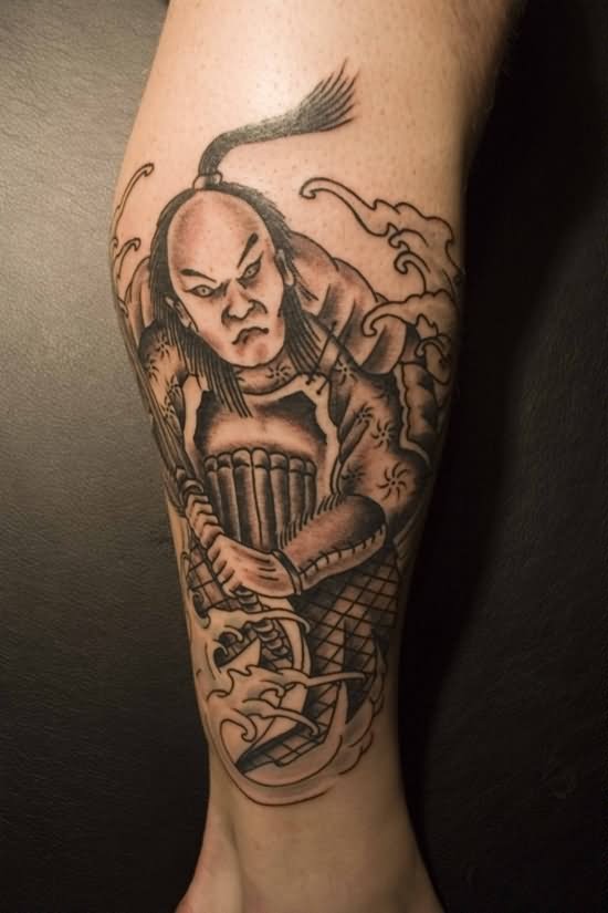 Grey Ink Samurai Soldier Tattoo On Leg