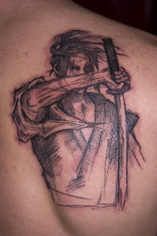 Grey Ink Samurai Sword Tattoo On Right Back Shoulder