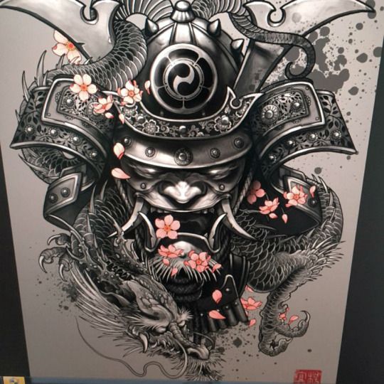 Grey Ink Samurai Tattoo Design