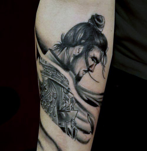 Grey Ink Samurai Tattoo On Arm