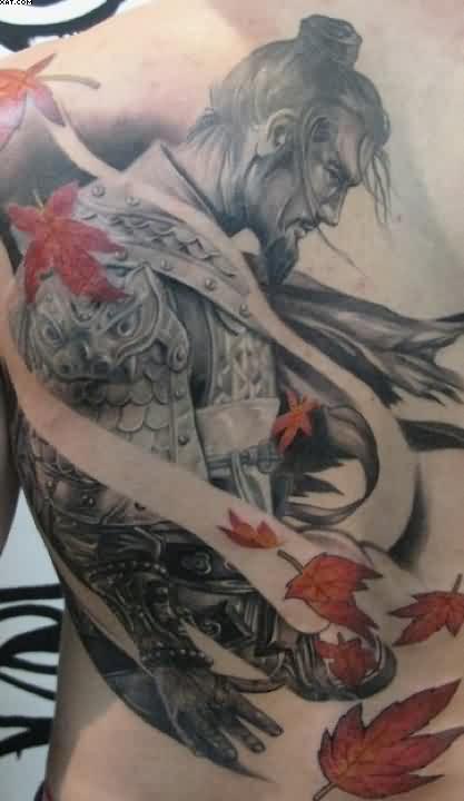 Grey Ink Samurai Tattoo On Back For Men
