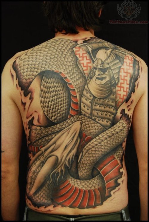 Grey Ink Samurai Tattoo On Back