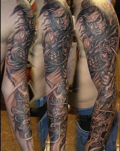 Grey Ink Samurai Tattoo On Full Sleeve For Men