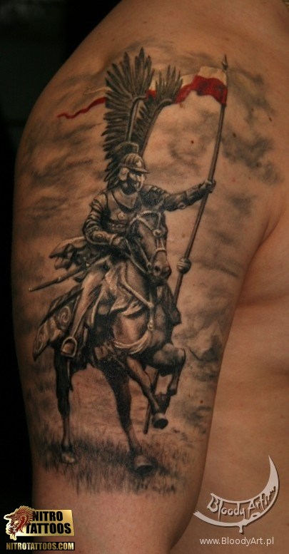 Grey Ink Samurai Tattoo On Half Sleeve