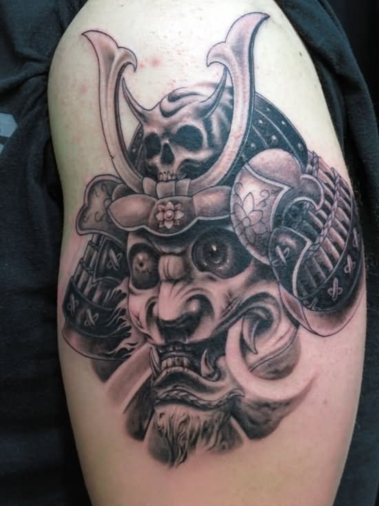 Grey Ink Samurai Tattoo On Left Bicep