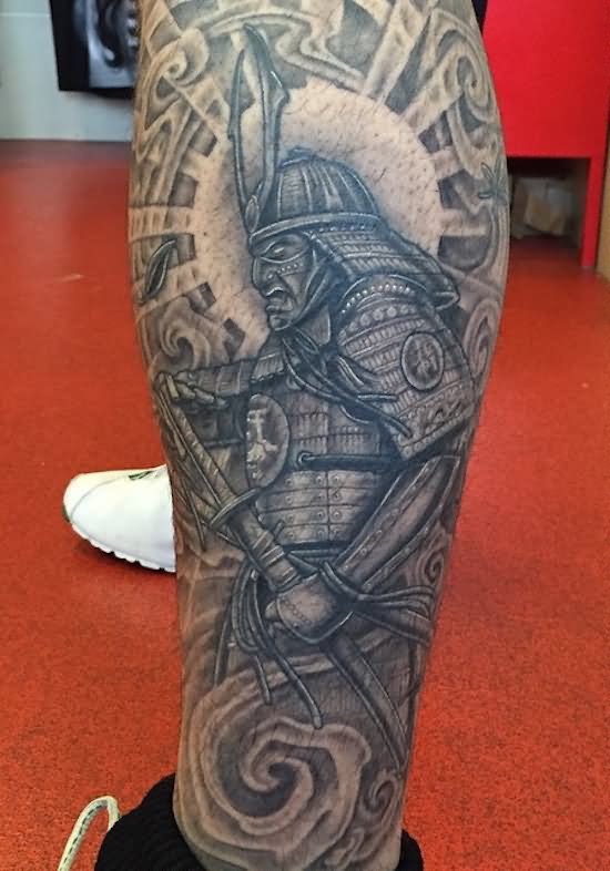 Grey Ink Samurai Tattoo On Left Leg