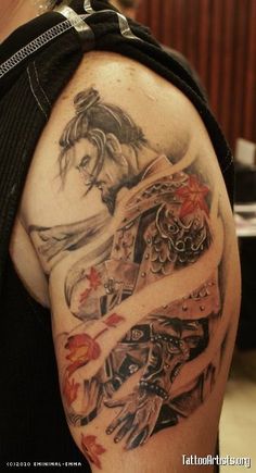 Grey Ink Samurai Tattoo On Left Shoulder