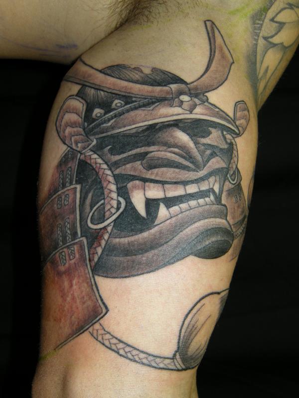 Grey Ink Samurai Tattoo On Leg For Men