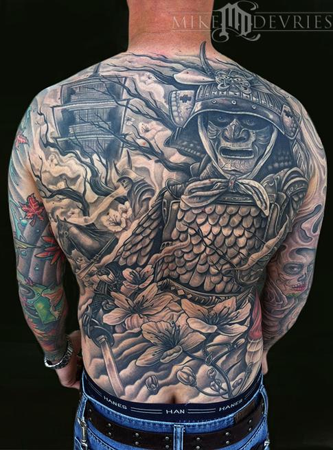 Grey Ink Samurai Tattoo On Man Back Body
