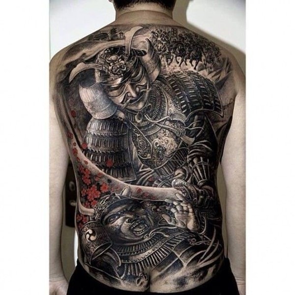 Grey Ink Samurai Tattoo On Man Back
