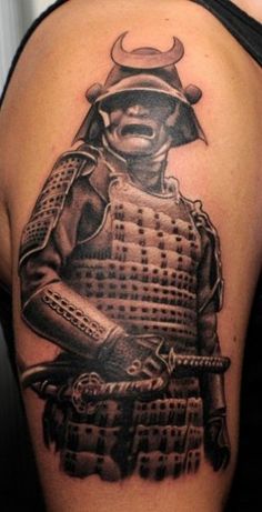 Grey Ink Samurai Tattoo On Man Right Half Sleeve