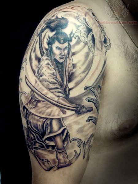 Grey Ink Samurai Tattoo On Man Right Shoulder