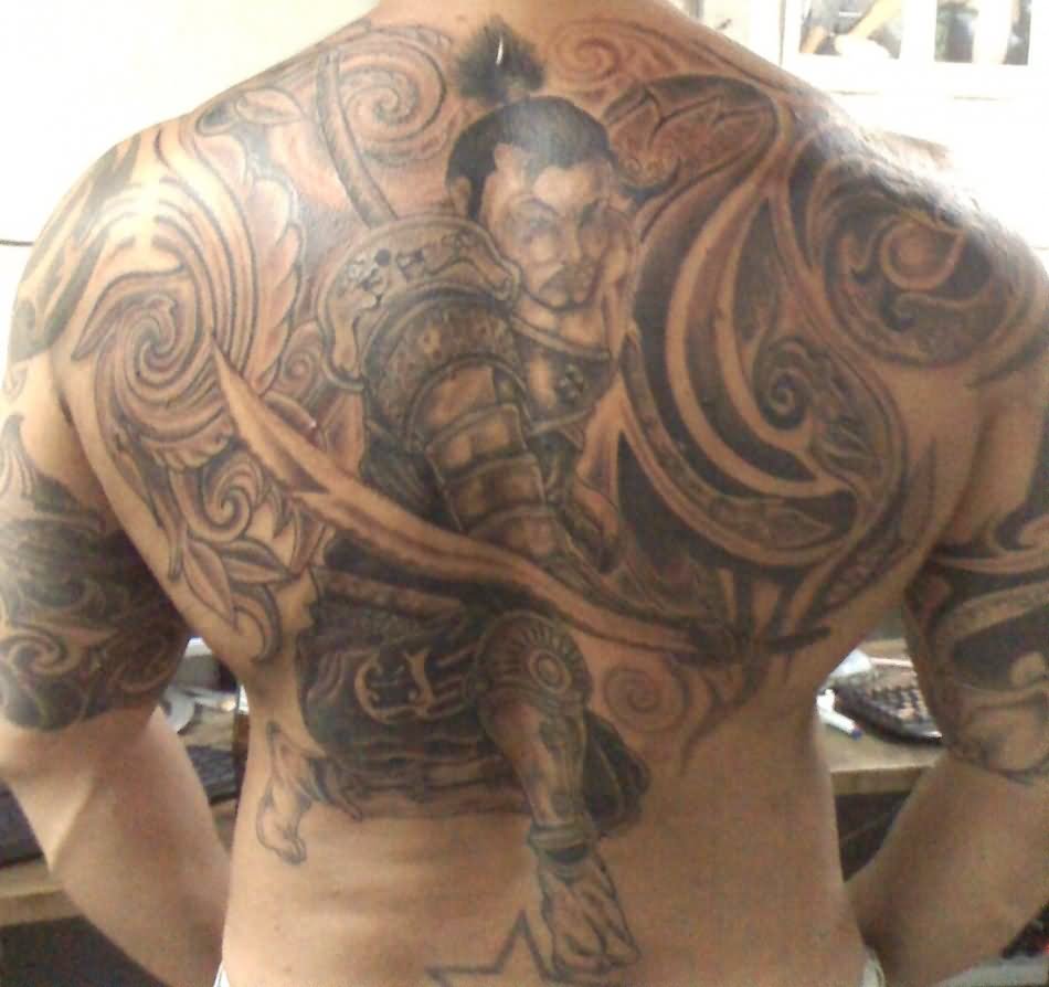 Grey Ink Samurai Tattoo On Man Upper Back