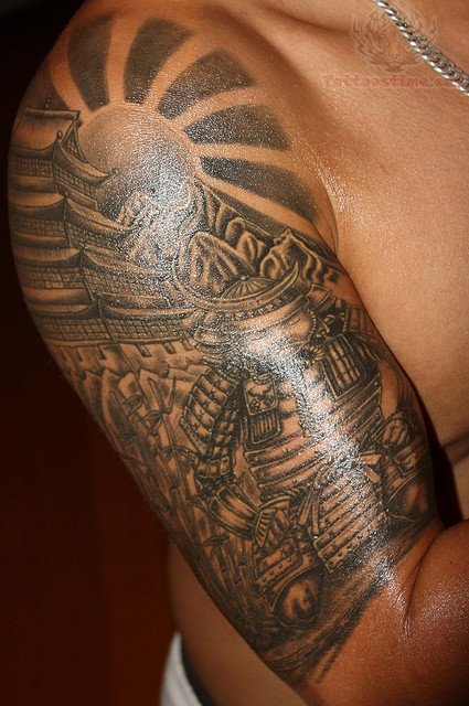 Grey Ink Samurai Tattoo On Right Half Sleeve