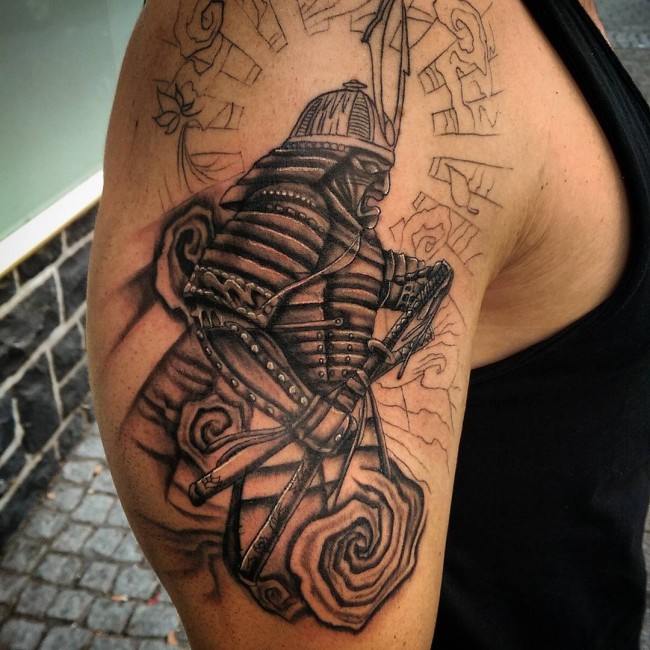 Grey Ink Samurai Tattoo On Right Shoulder