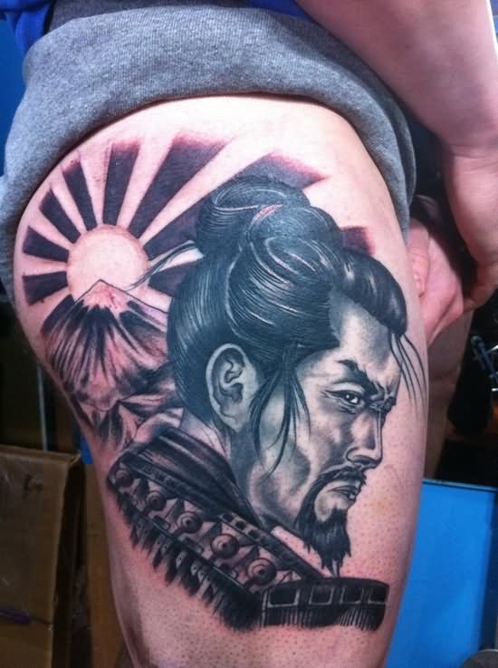 Grey Ink Samurai Warrior Tattoo On Thigh