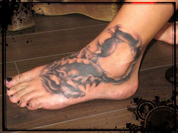 Grey Ink Scorpion Tattoo On Girl Foot