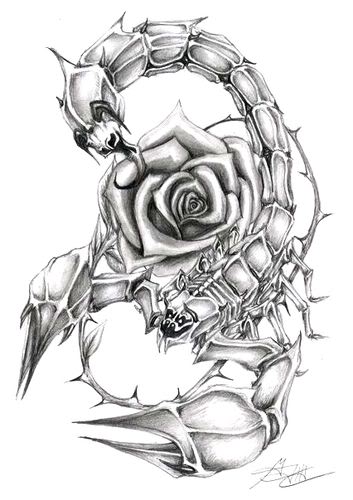 Grey Ink Scorpion With Rose Tattoo Design