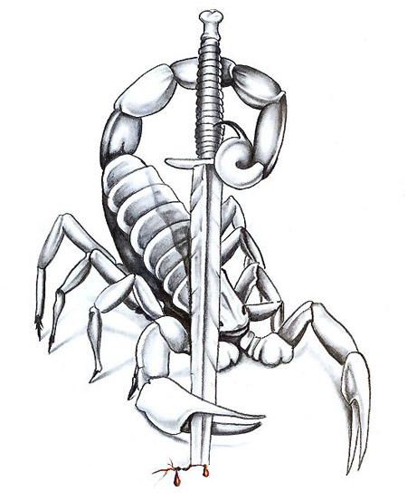 Grey Ink Scorpion With Sword Tattoo Design