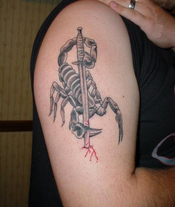 Grey Ink Scorpion With Sword Tattoo On Right Shoulder