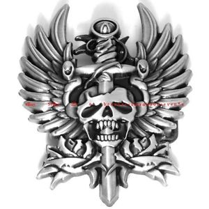 Grey Ink Sword In Vampire Skull With Wings Tattoo Design