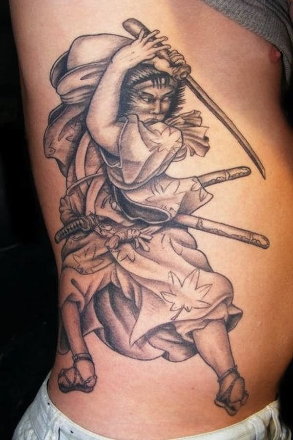 Grey Ink Traditional Samurai Tattoo On Side Rib