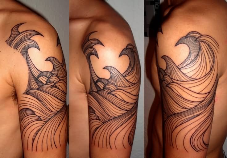 Grey Ink Tribal Wave Tattoo On Man Left Shoulder