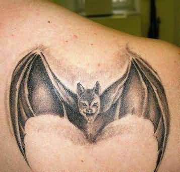 Grey Ink Vampire Bat Tattoo On Right Back Shoulder
