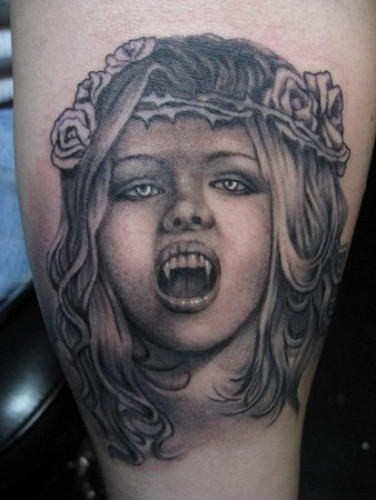 Grey Ink Vampire Girl Face Tattoo Design