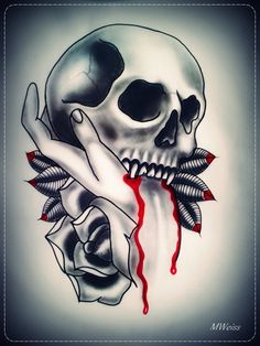 Grey Ink Vampire Skull On Hand With Rose Tattoo Design