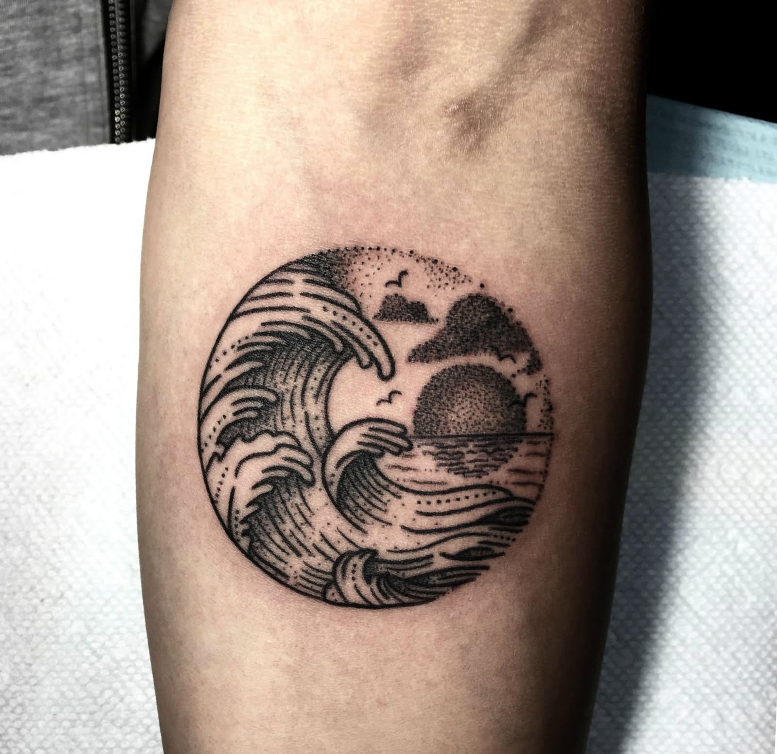 Grey Ink Wave Tattoo  Forearm