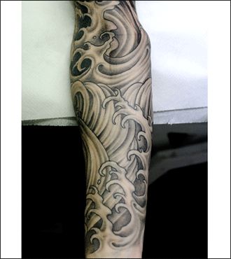 Grey Ink Wave Tattoo On Forearm