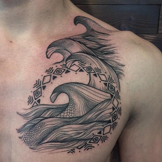 Grey Ink Wave Tattoo On Front Shoulder