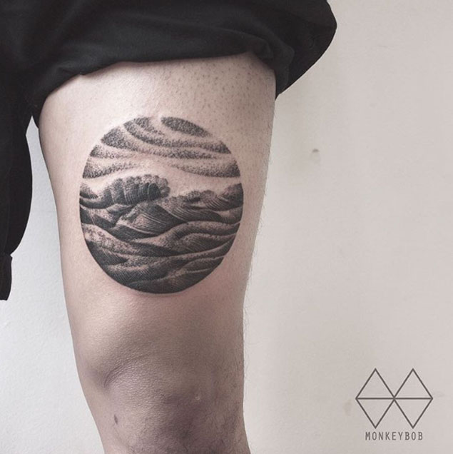 Grey Ink Wave Tattoo On Thigh