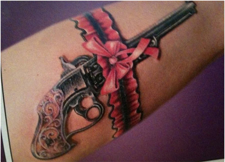 Grey Pistol Gun Garter Tattoo