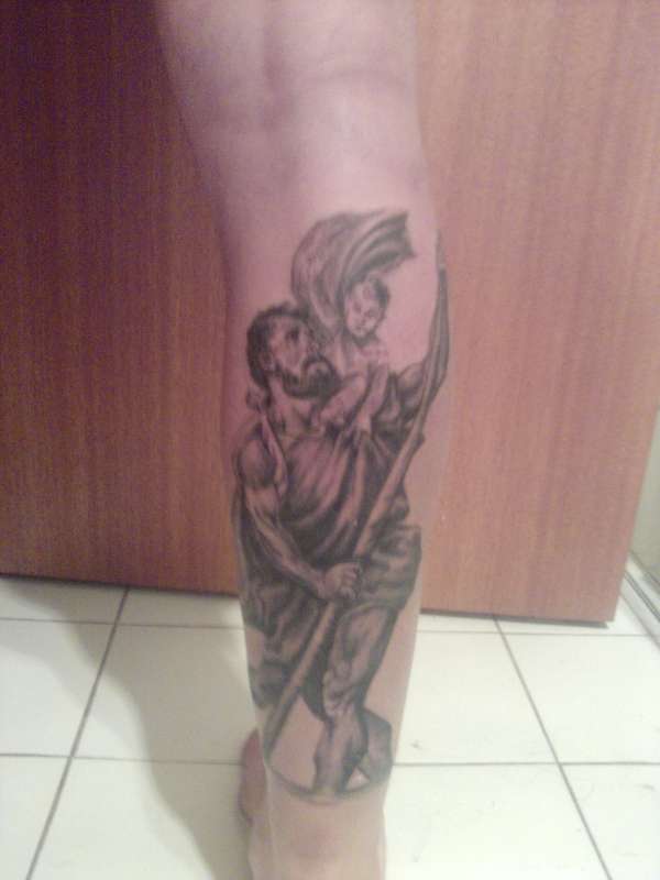 Grey Saint Christopher Tattoo On Leg Calf