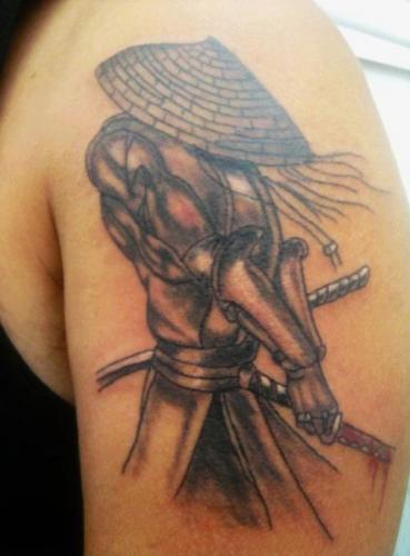 Grey Samurai Tattoo On Left Shoulder