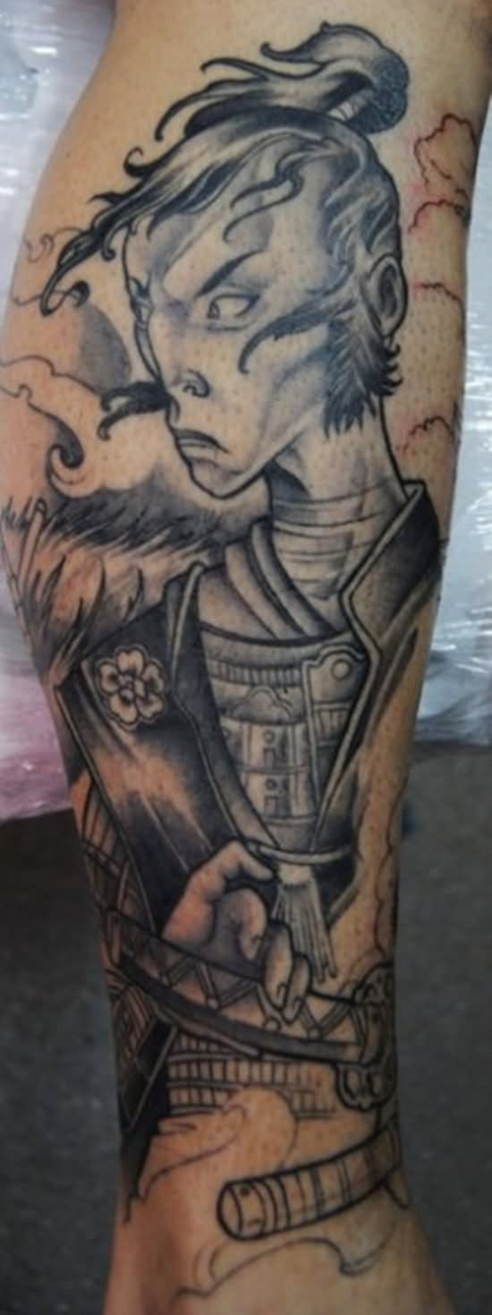 Grey Samurai Tattoo On Leg