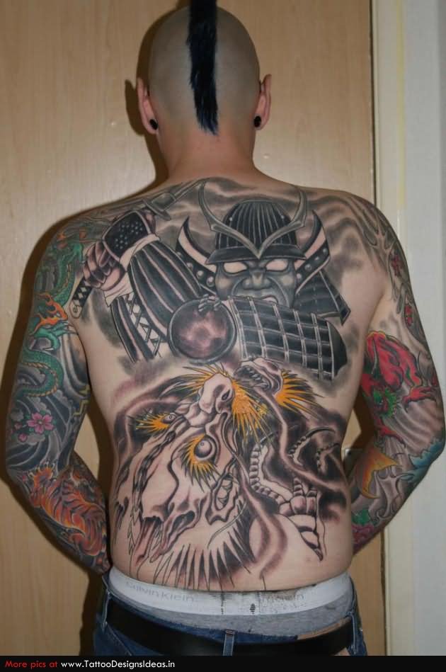 Grey Samurai Tattoo On Man Full Back