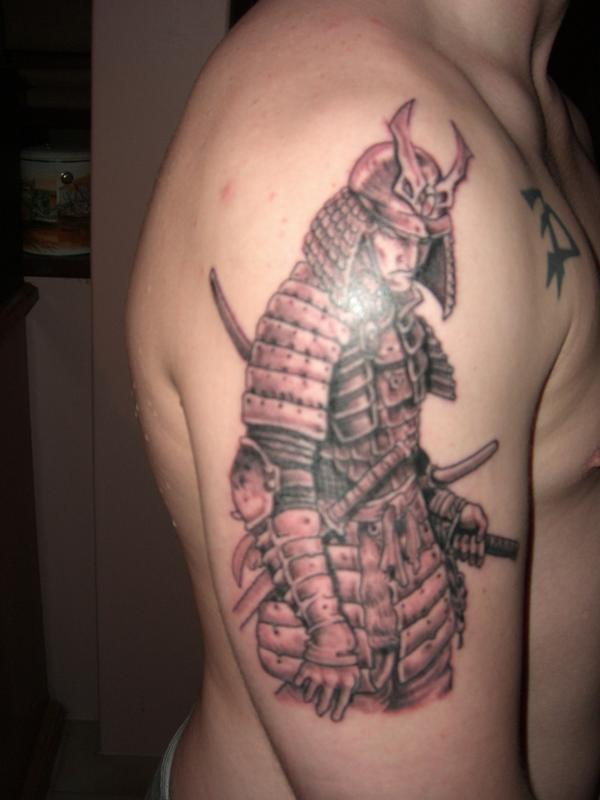 Half Sleeve Grey Ink Samurai Tattoo