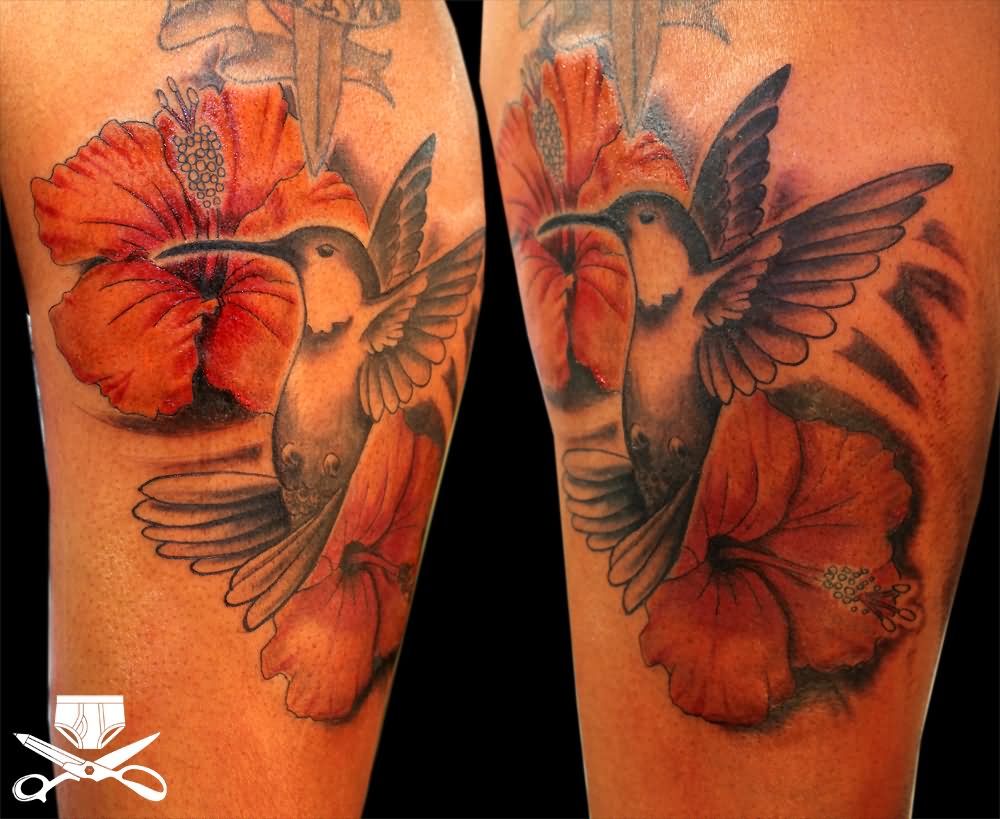 Hibiscus Flowers And Flying Hummingbird Tattoo