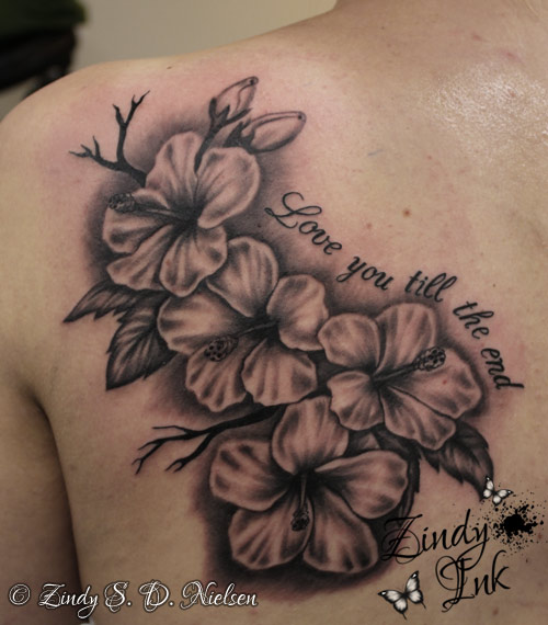 Hibiscus Tattoos On Left Back Shoulder by Zindy Ink