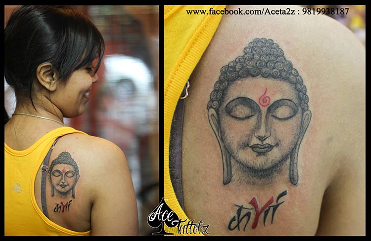 Jain Buddha Face Tattoo On Girl Right Back Shoulder