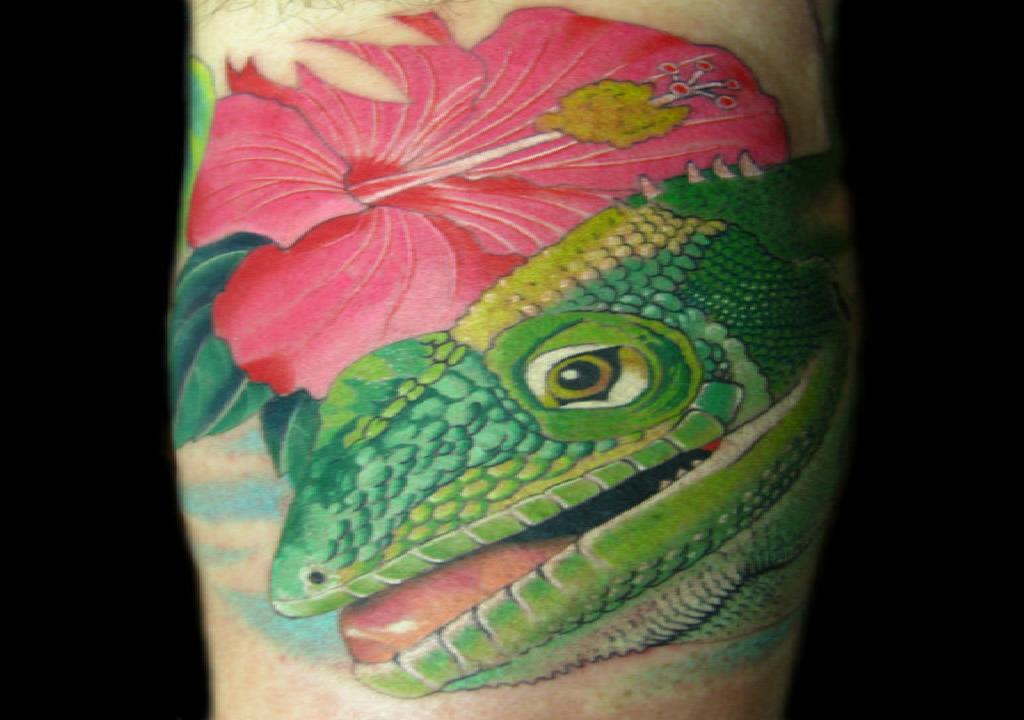 Jamaican Anole Lizard And Hibiscus Tattoo On Bicep