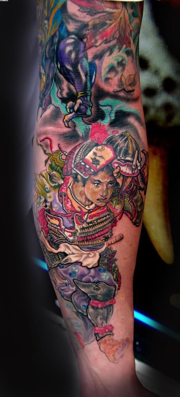 Japanese Colored Samurai Tattoo On Leg