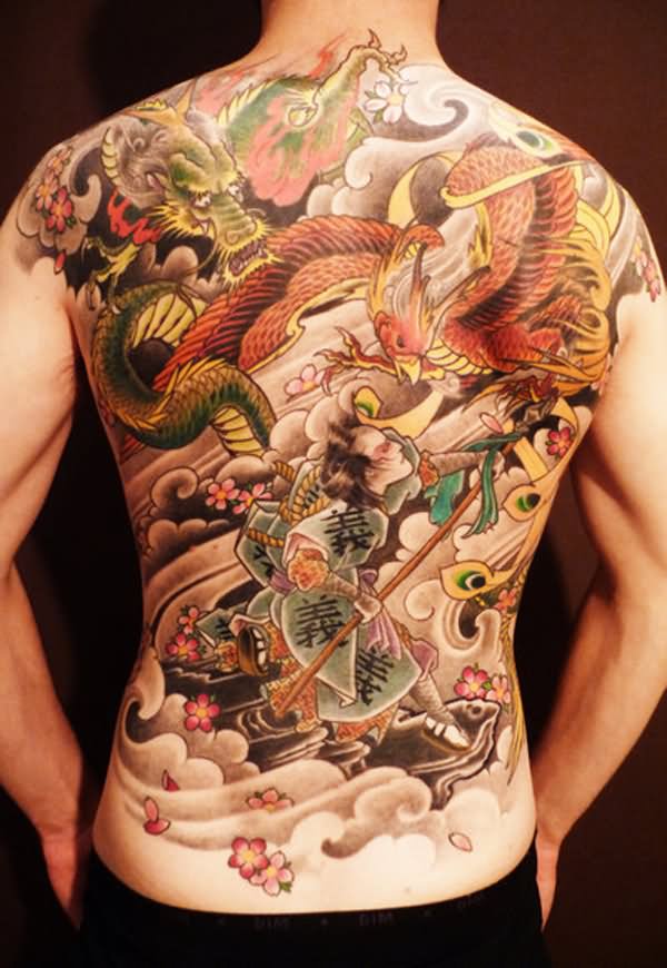 Japanese Dragon And Samurai Tattoo On Full Back